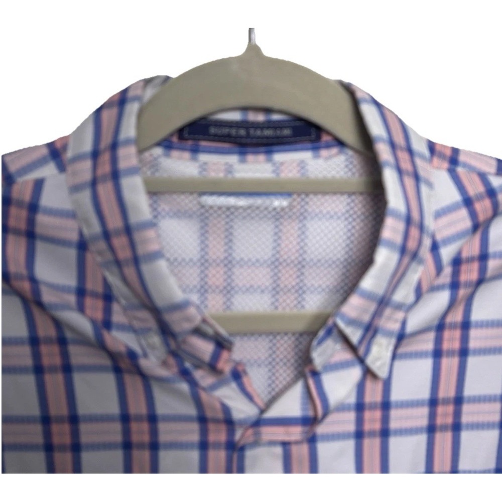 Columbia PFG Super Tamiami Mens Medium Plaid Fishing Shirt Blue Pink And White - Picture 2 of 10
